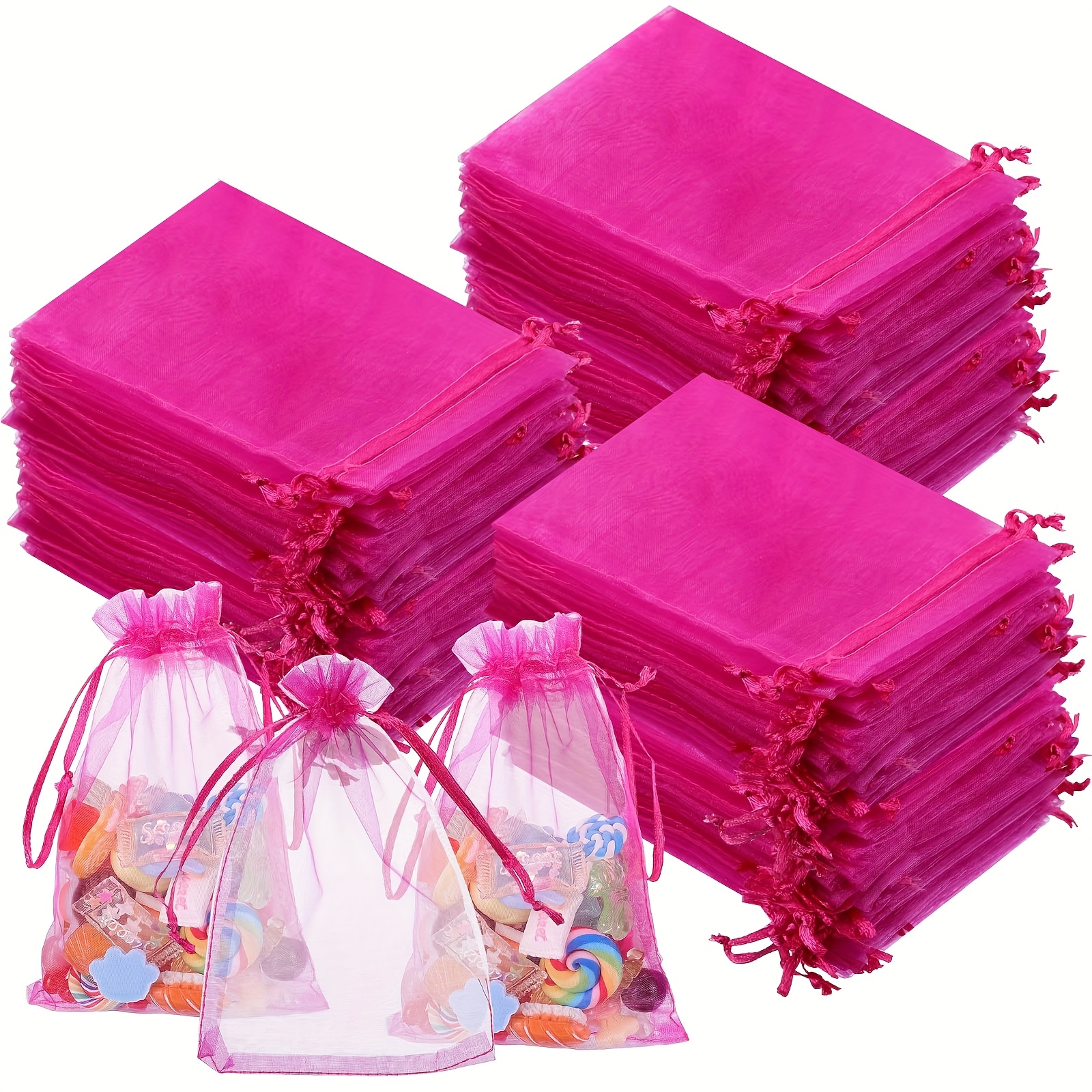 TEMU Cadeau pour Elle/Lui 100pcs Sacs en Organza Rose Vif à Cordon de Serrage, Sacs Cadeaux en Filet, Pochettes Transparentes pour Bijoux, Sachets