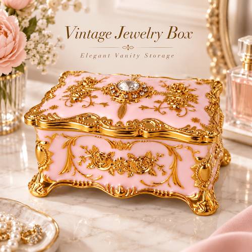 item picture jewelry box vintage inspired trinket storage box with golden floral relief and navy velvet interior organizer for rings earrings and necklaces