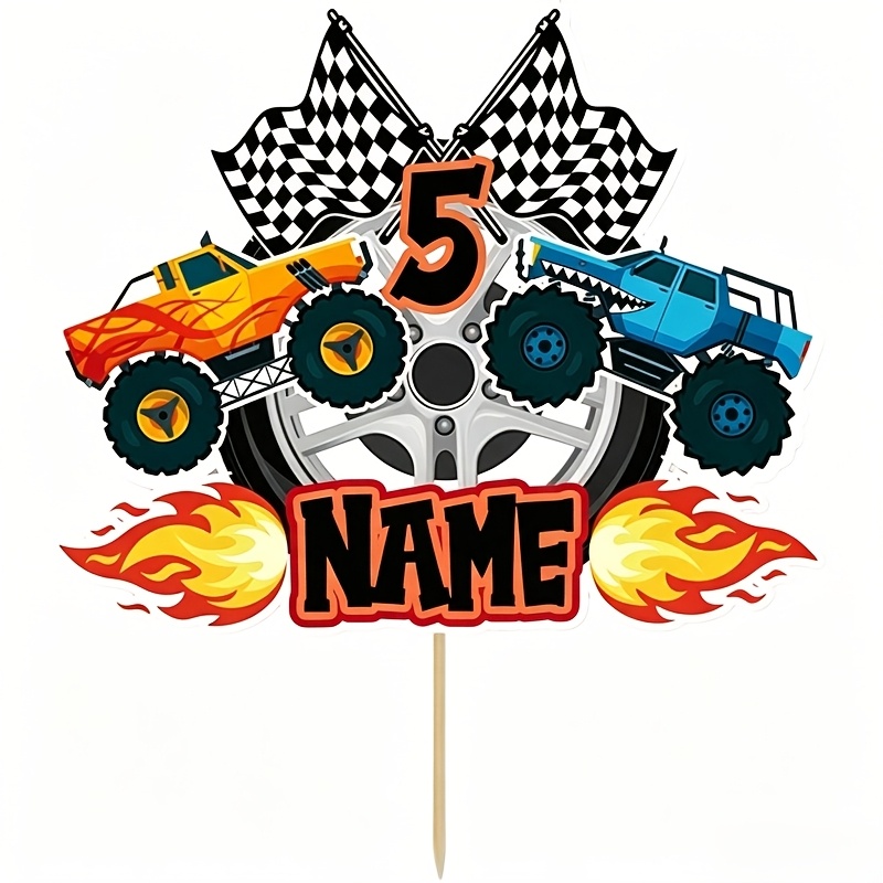 TEMU Diy Personalized For Monster Truck Birthday Cake Topper, Custom Name Age Number Checkered Flag Truck Pattern, For Monster Truck Sport Theme