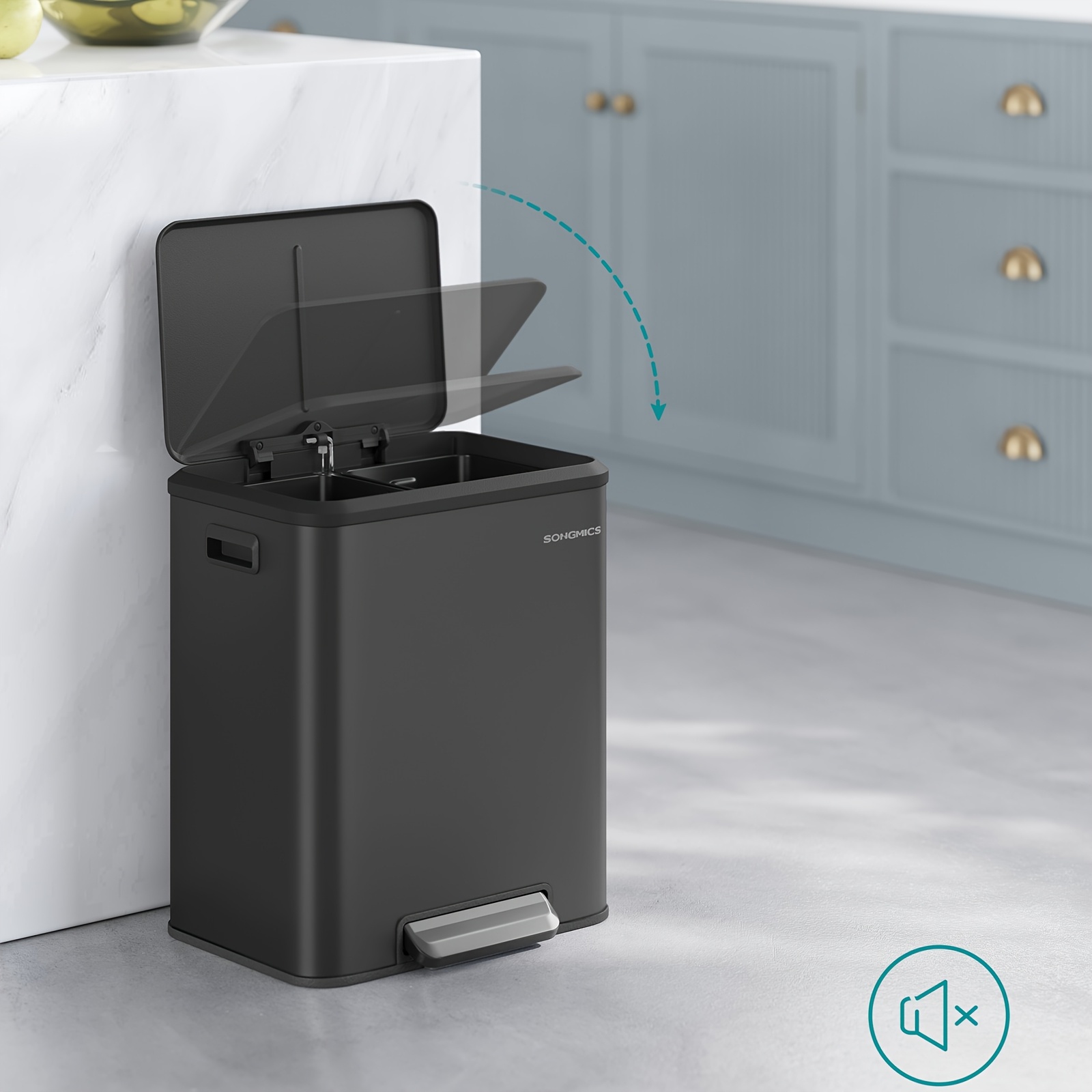 Kitchen Trash Can, Waste X 15 L, 2 Compartments For Recycling And Waste, Waste Bin Inner Bucket, Steel, Lid, Wide, Pedal