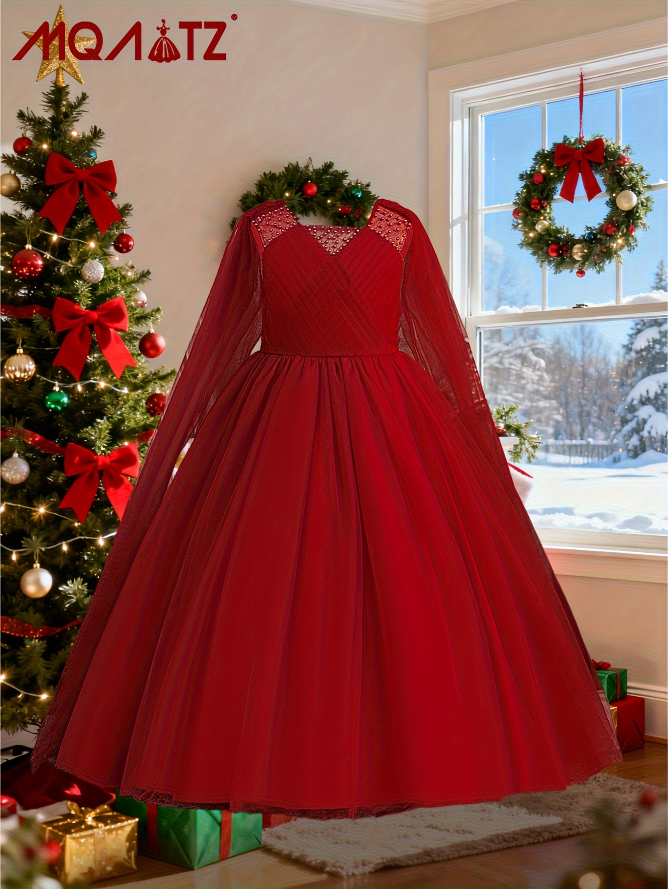 christmas burgundy dress girls tulle cape sleeve sparkling cozy long sleeves Wedtrend Women Sky Blue Size:Extra large Black Dress Pants Burgundy velvet dress