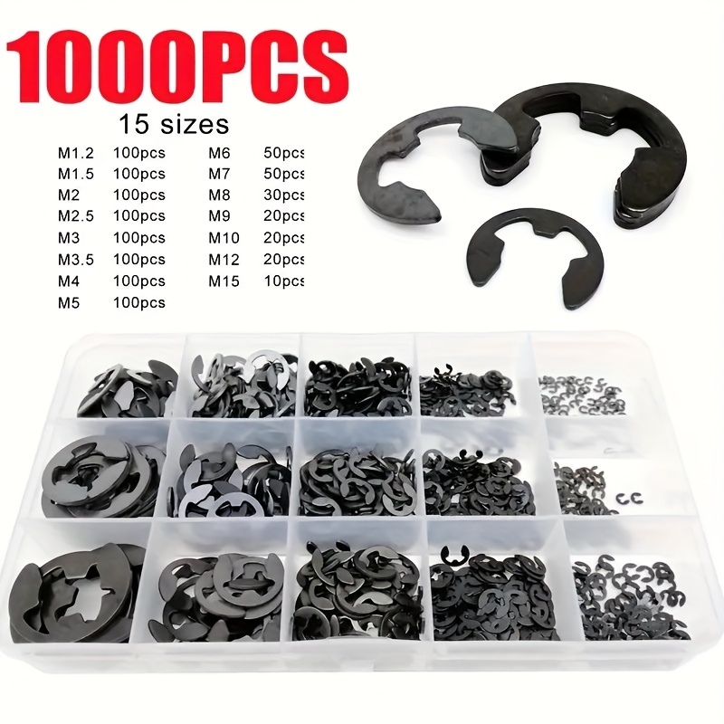 1000pcs Electrapick Carbon Steel Washer Assortment Kit, Sizes M1.2 To M15, Black External Retaining Ring Snap Ring Circlip For Shaft Assembly