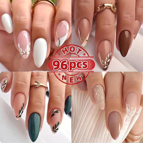 imagen del artículo set de 96 uñas postizas de de media calidad ( de uñas minimalista). diseño elegante y con líneas doradas y de hojas. uñas decorativas postizas para mujer. , aplicación y extracción. acabado .