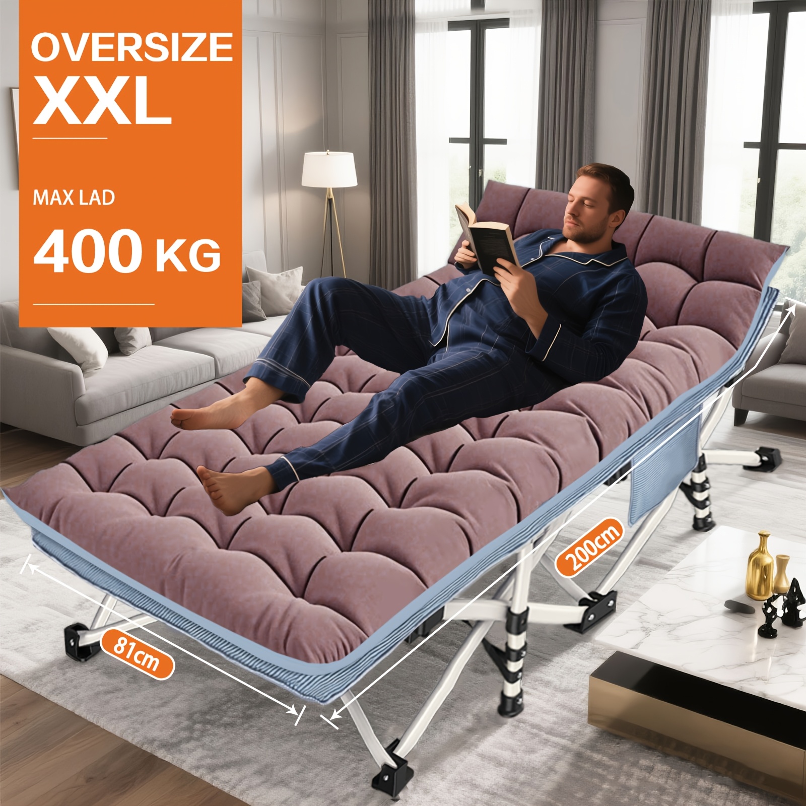 xxl camping liege mit matratze | 200 x 81 cm,   tragfähigkeit: 400 kg,   für erwachsene, extra breit, faltbar,  , eisenmaterial, mit tragetasche