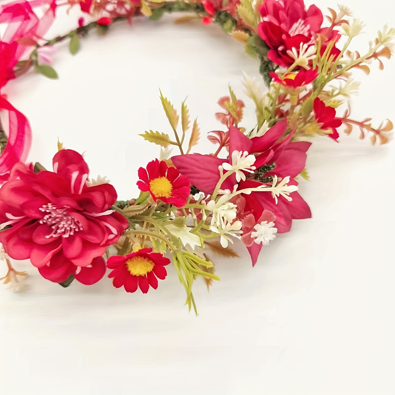 Floral Garland Crown Hair Wreath Flower Headband Halo Floral Headpiece Boho With Ribbon Wedding Party details 5