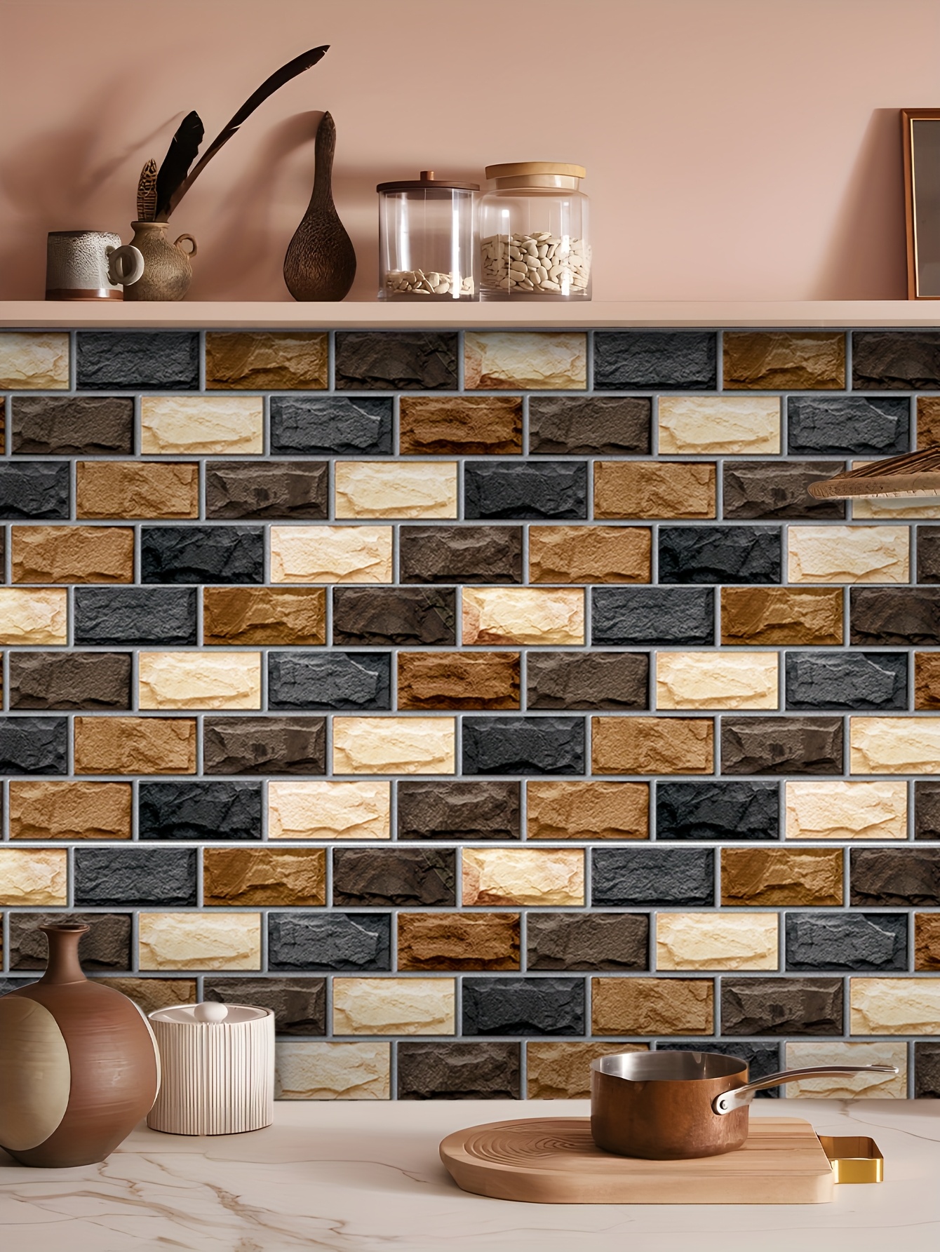 1pc Multicolor Imitation Stone Pattern Vinyl Wall Tile Sticker, Self-* and  * Wear-resistant, Suitable for Kitchen Home Decoration Background Walls,  Three Sizes * **47.24/94.49/141.73inch, Used to * ..., image size:800x1066