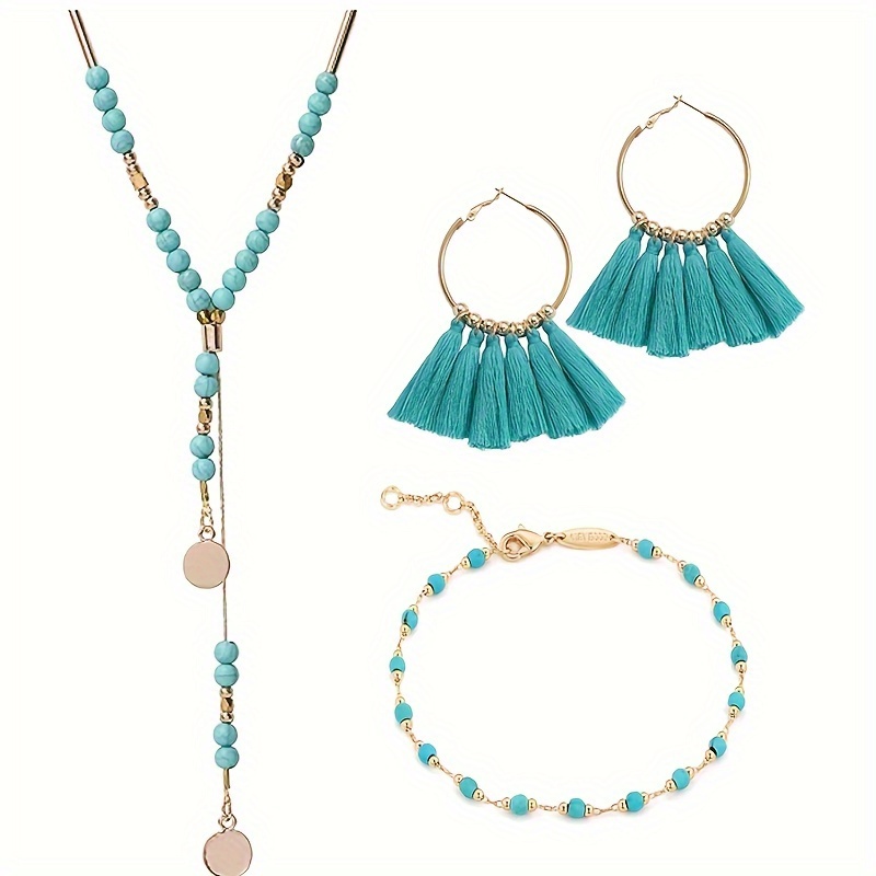 

Bohemian Turquoise Necklace Set With Gold-plated Bracelet, -plated Handcrafted Circular Earrings With Tassels As A Gift For Women And Girls