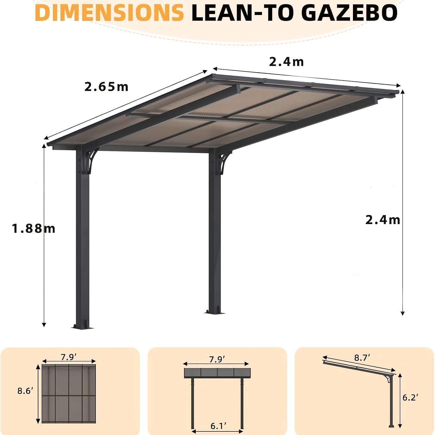 Image of Freestanding 3x3m - Outdoor Garden Carport For Patio & Terrace Use Wall-mounted Heavy-duty Sloped Roof Awning For Patios And Deck Areas