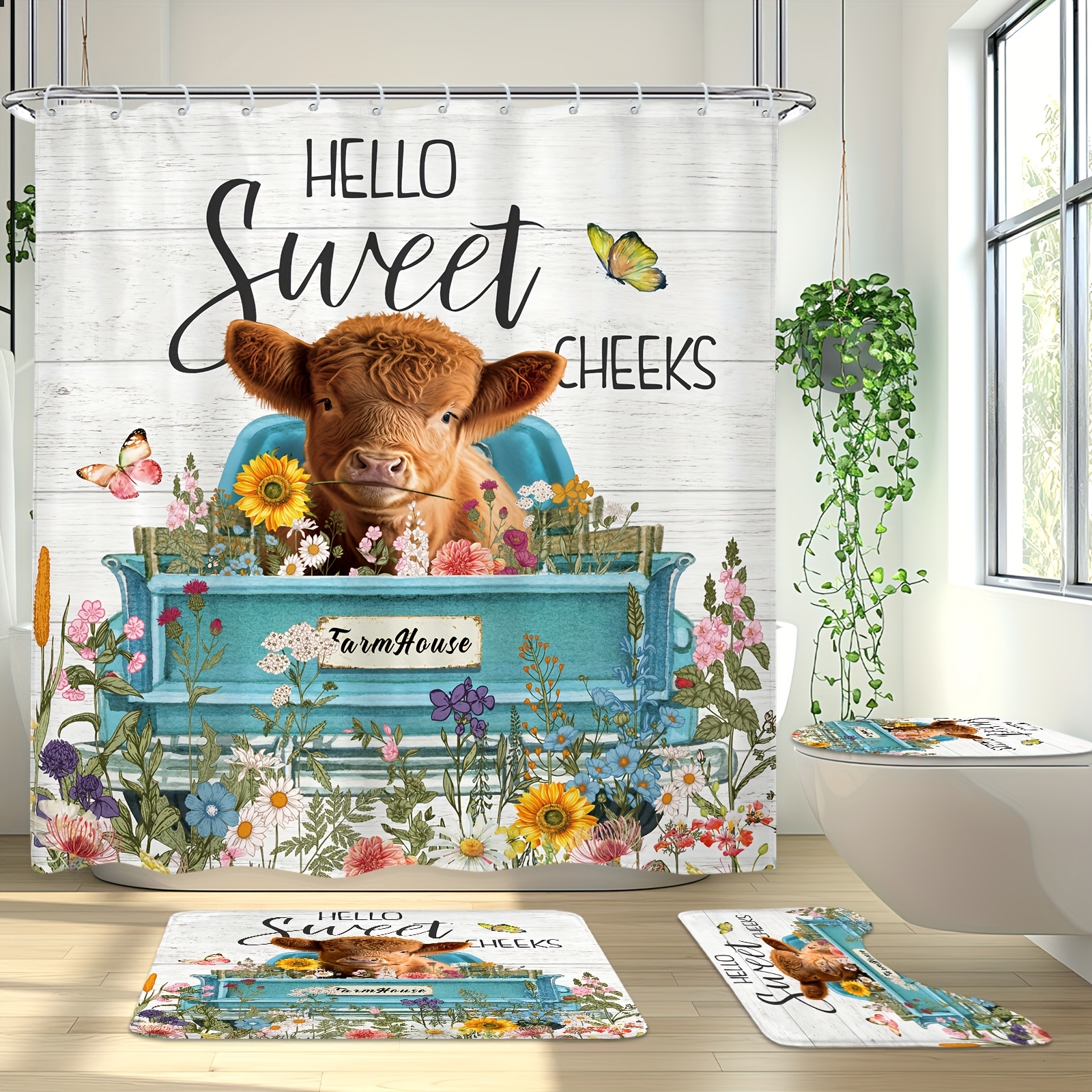 

1/4pcs Highland Cow Shower Curtain Set, Including Waterproof Shower Curtain With 12 Plastic Hooks, Bathroom Non-slip Mat, Toilet U-shaped Mat, Cover Mat, Fun Cow Truck Decor Bathroom Accessories