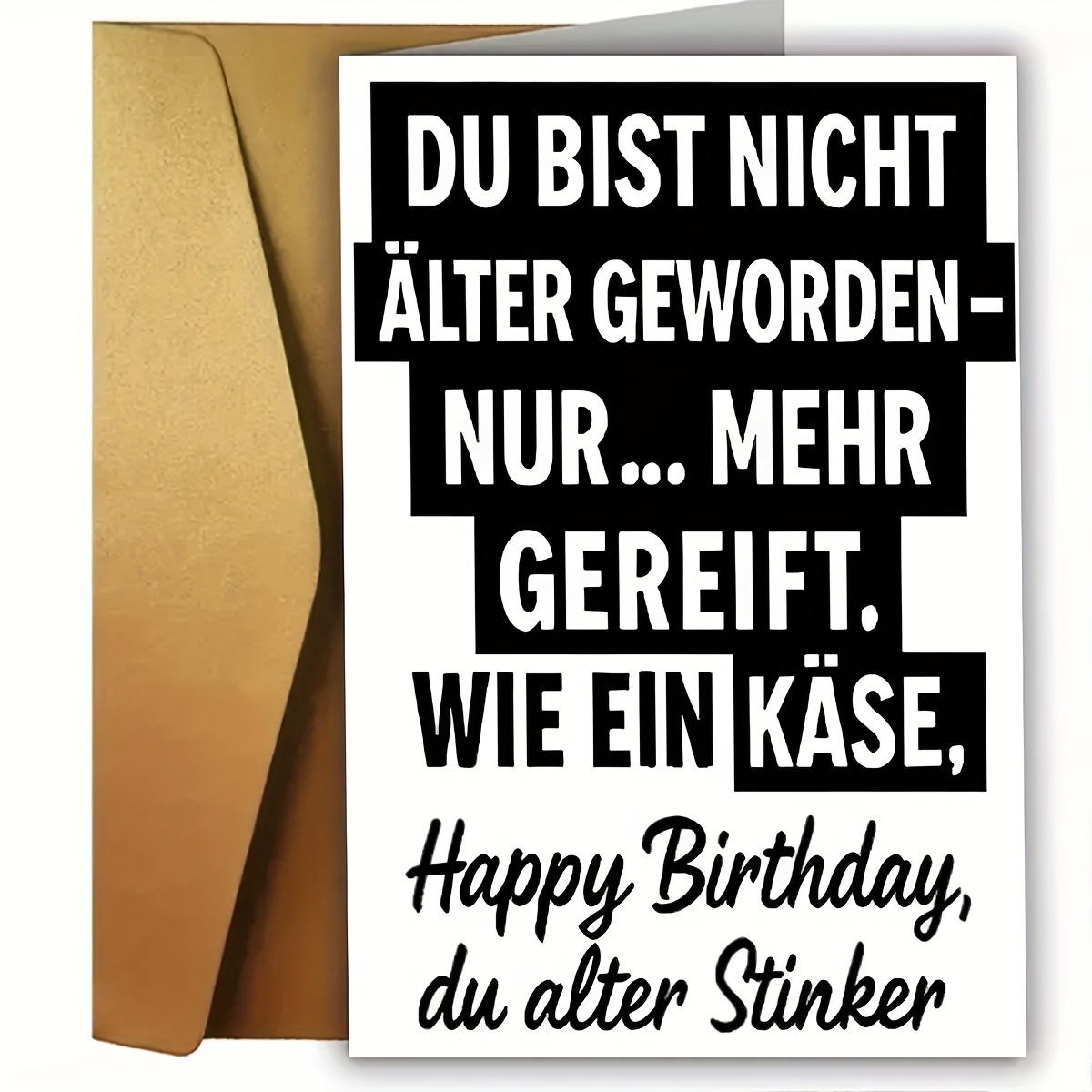 Image of 1pc Unique German Birthday Card, White Font Background And Black Font On White Background Design, Creative And Funny Birthday Card, "htappy Birthday. Du Alter Stinken", High