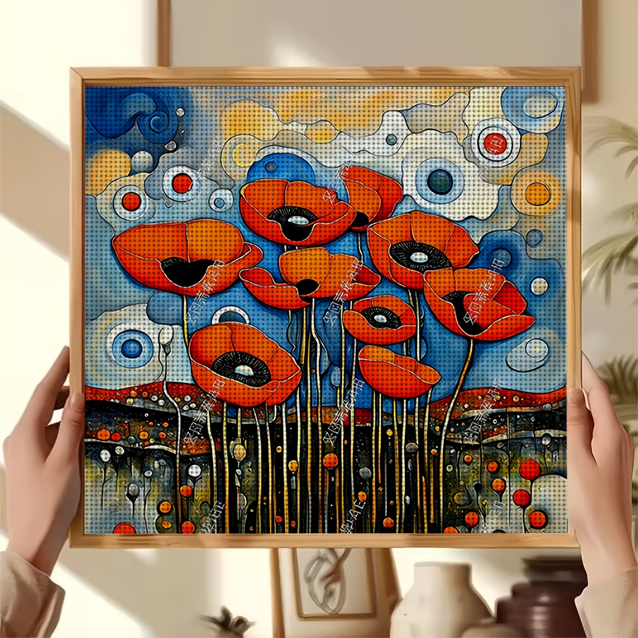 Cross Stitch Printed Kit, Frameless, Red Flowers with Colorful Round Background