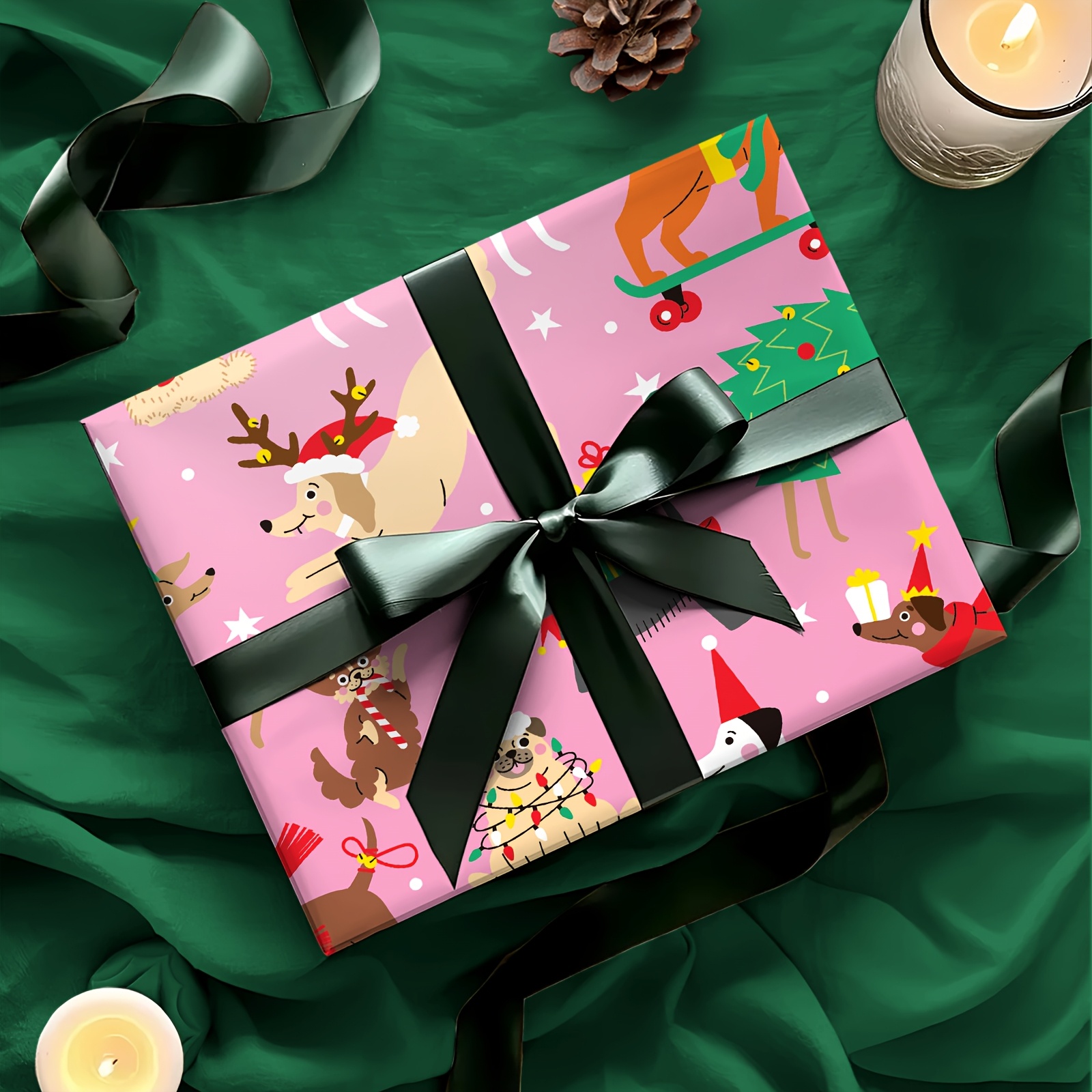 Image of 1 Roll Of Christmas Wrapping Paper | Pink Base With Cartoon Dog Pattern, Suitable For Parties, Decorations, And Gift Wrapping - 43cm × 500cm, 17 Inches × 16.4 Feet