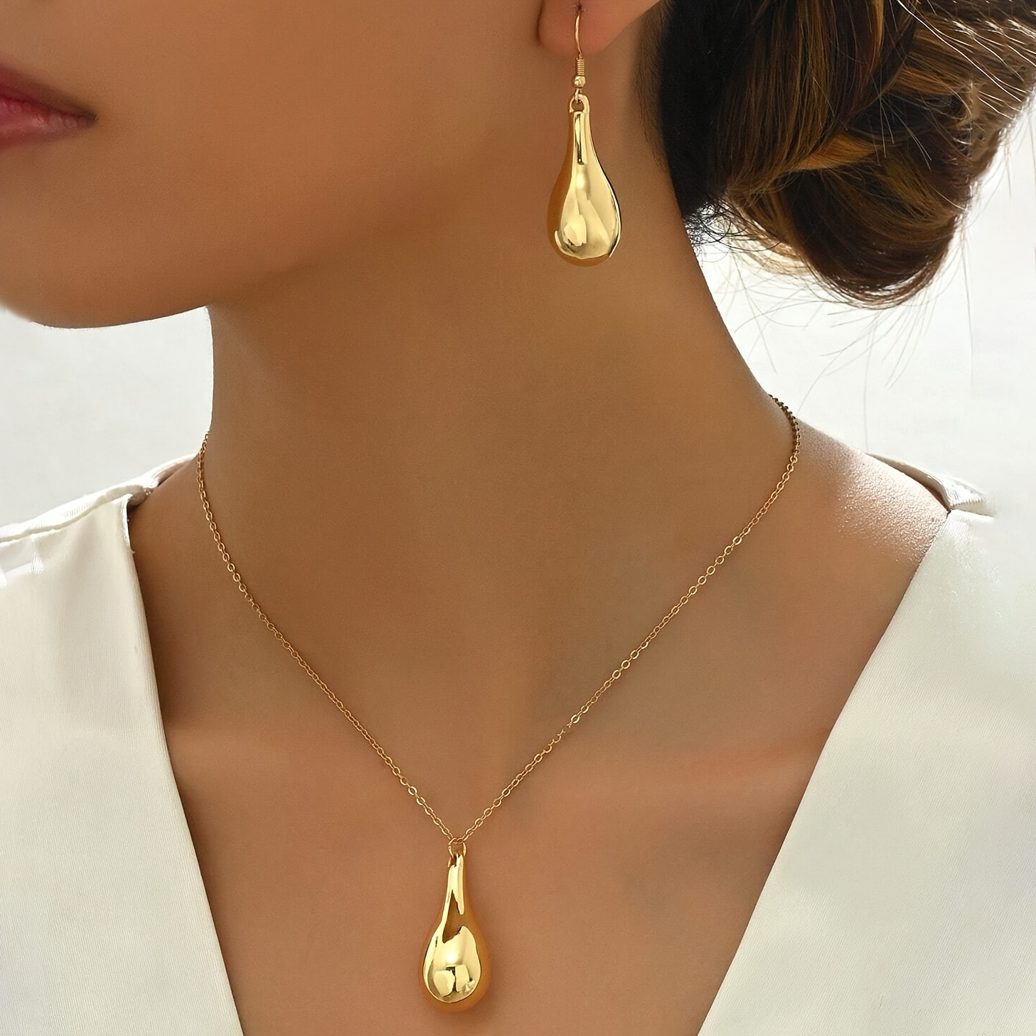 

Elegant 14k Golden Plated Zinc Alloy Necklace And Earrings Set, Women' Jewelry, Simple Elliptical Teardrop , For And Gift , Accessory