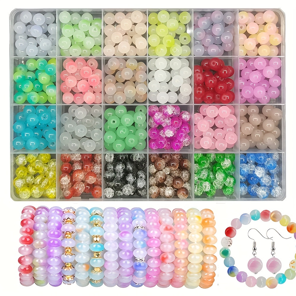 

480pcs Glass Beads Kit, 8mm Mixed Colors, 24 Grids Storage Box, Diy Handmade Bracelet Making Supplies, Round Iridescent Crackled Beads, Jewelry Accessories For Necklaces & Bracelets Crafting