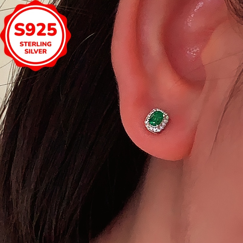 1pc s925 sterling silvery unique   emerald oval stud earrings versatile french   womens fashionable european american ear accessories   gift for her Product details 3