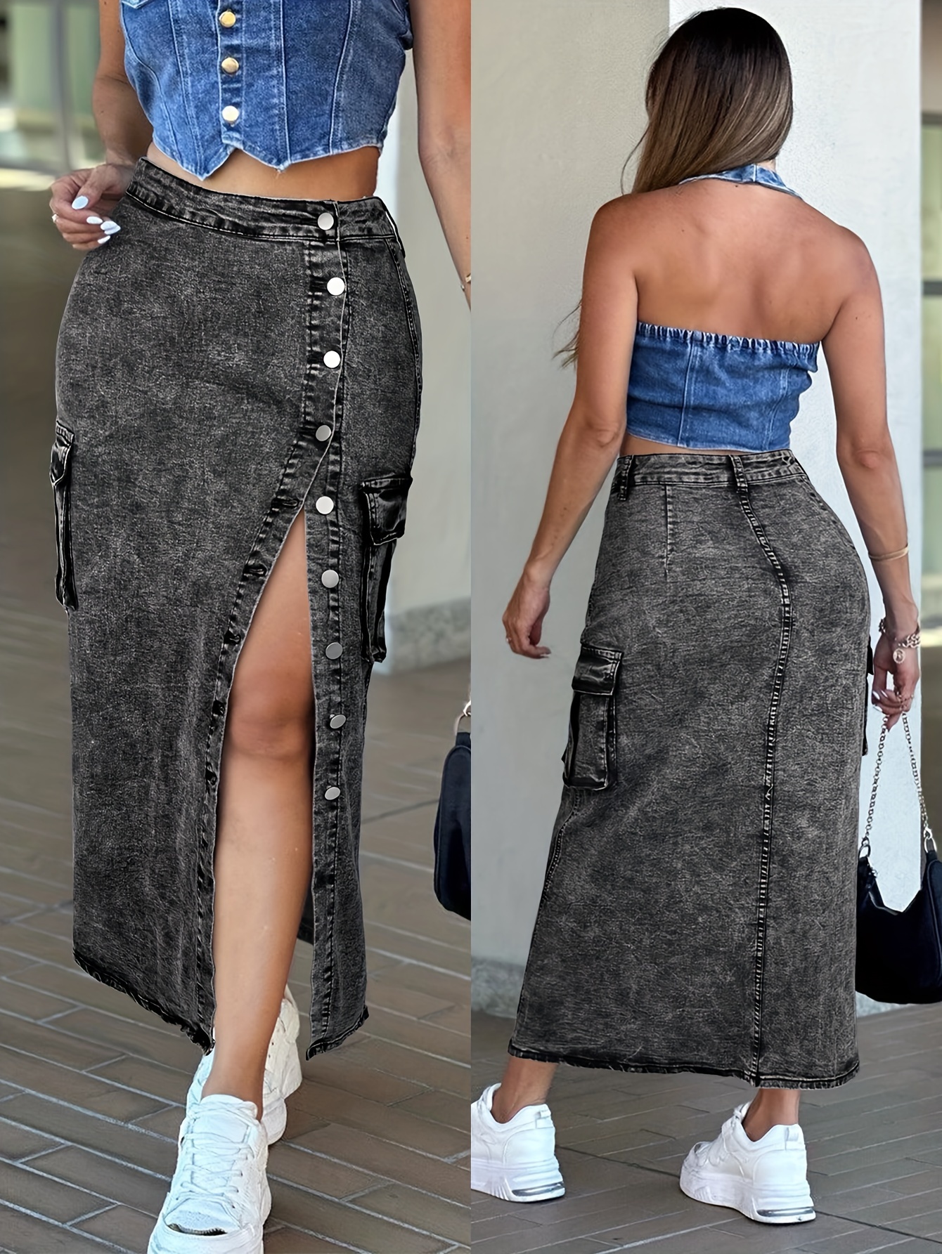 y2 high waist denim midi skirt flap pockets - Temu Canada