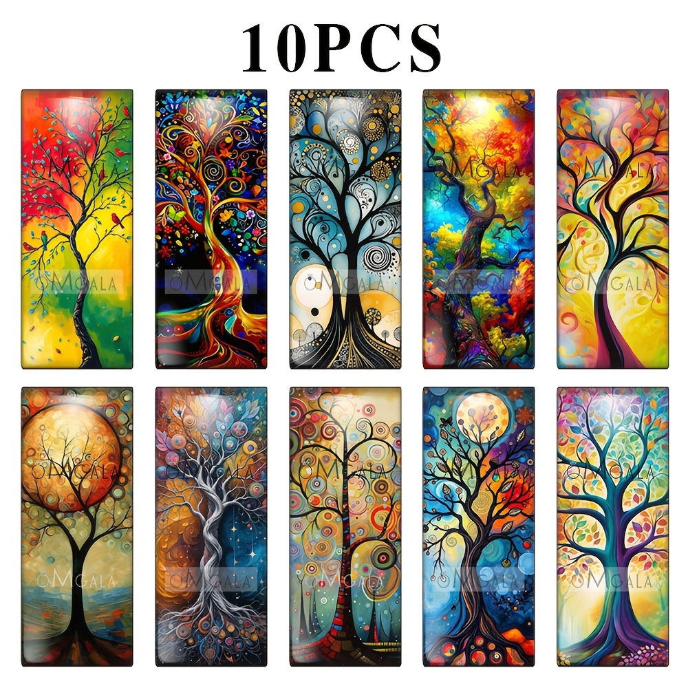 E-shop 10 Stück Sortierte 10X25mm Rechteckige Glas Cabochons Bunte Baum des Lebens Gemälde - Ideal für Schmuckherstellung und Bastelarbeiten