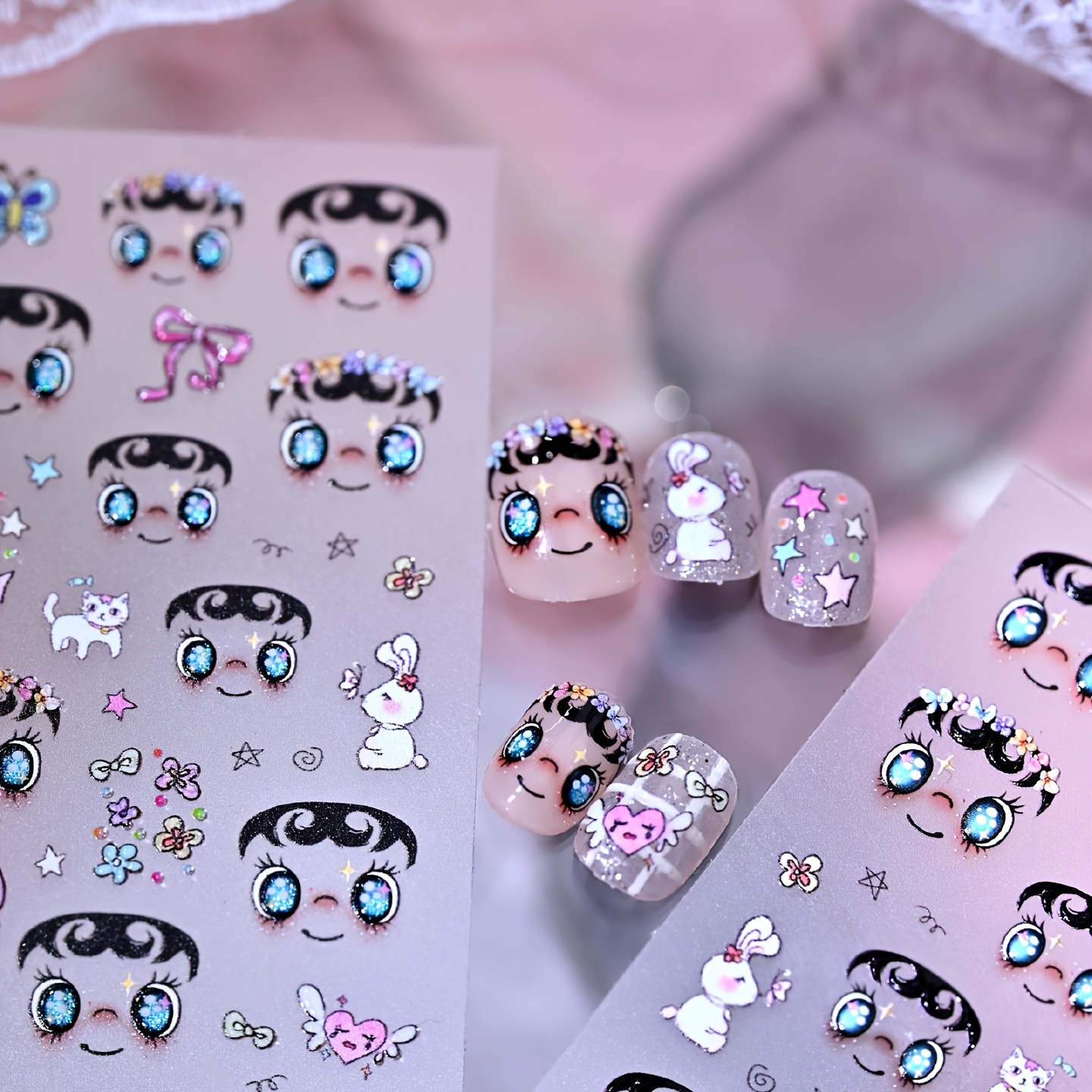 TEMU 1pc Japanese Cute Cartoon Nail Sticker Big Eyes Bow Cute Rabbit Cat Pattern Big Head Sweet Heart Finger Decoration Sticker