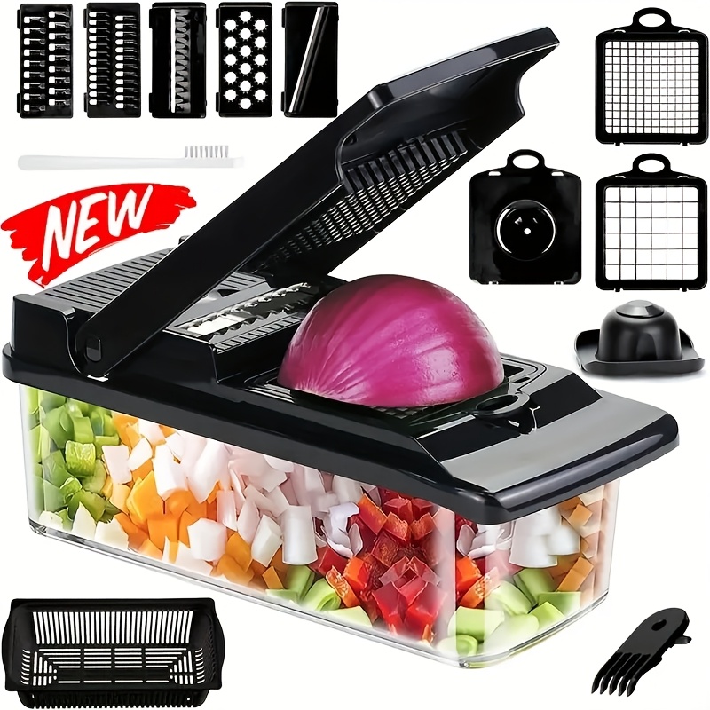 TEMU Upgraded Manual Vegetable Chopper With Interchangeable Blades - Multifunctional Food Slicer & Grater For Fruits, Onions, Potatoes, Carrots -