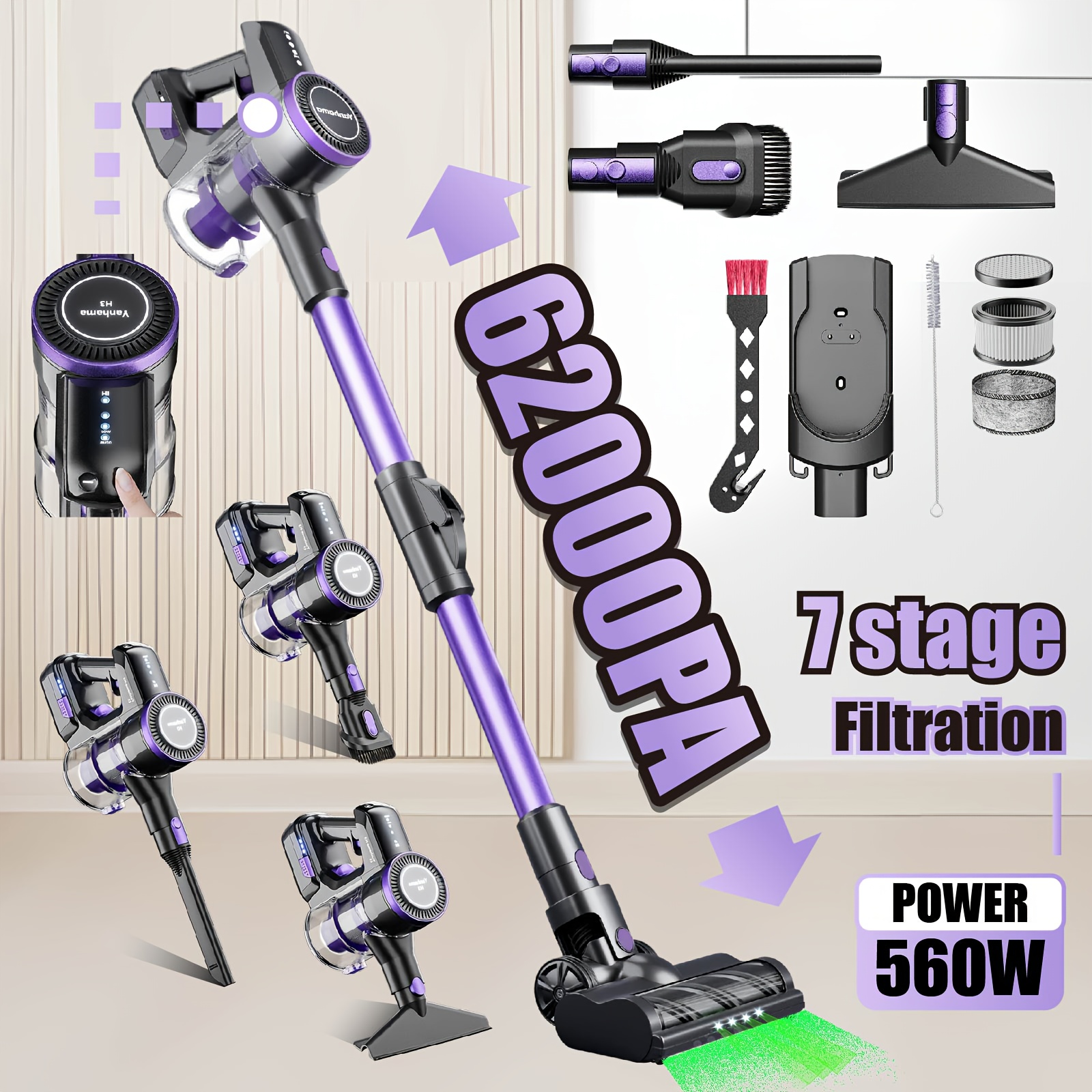   H3 Wireless Vacuum Cleaner, Handheld Vacuum Cleaner, 7-level Filtration System,  ° Flexible Steering, Compatible with Multiple Accessories for    . Deep Cleaning Of Household, Pet Hair, Sofa And Floor.