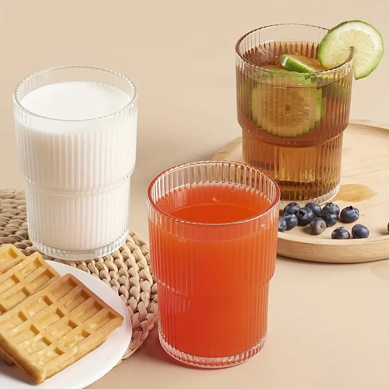 6pcs 200ml 6 8oz stackable ribbed glass cups iced coffee cups juice cups vertical striped retro glass cups reusable glass cups suitable for halloween christmas easter thanksgiving Product details 0