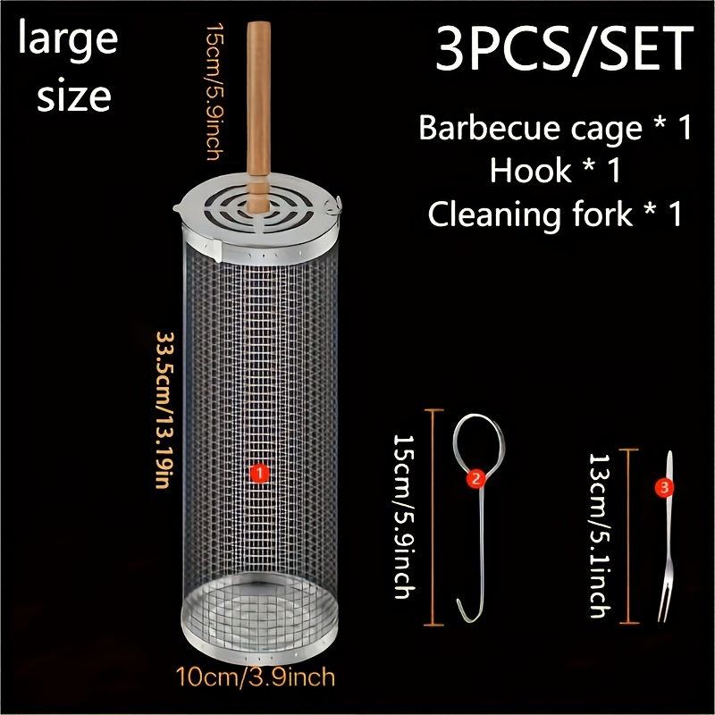 TEMU 3pcs Set(grill Rack With Handle X 1 And Hook X 1 And Cleaning 1), Bbq Cage, Made Of 304 Stainless Steel, Anti-scald Design, Portable Outdoor