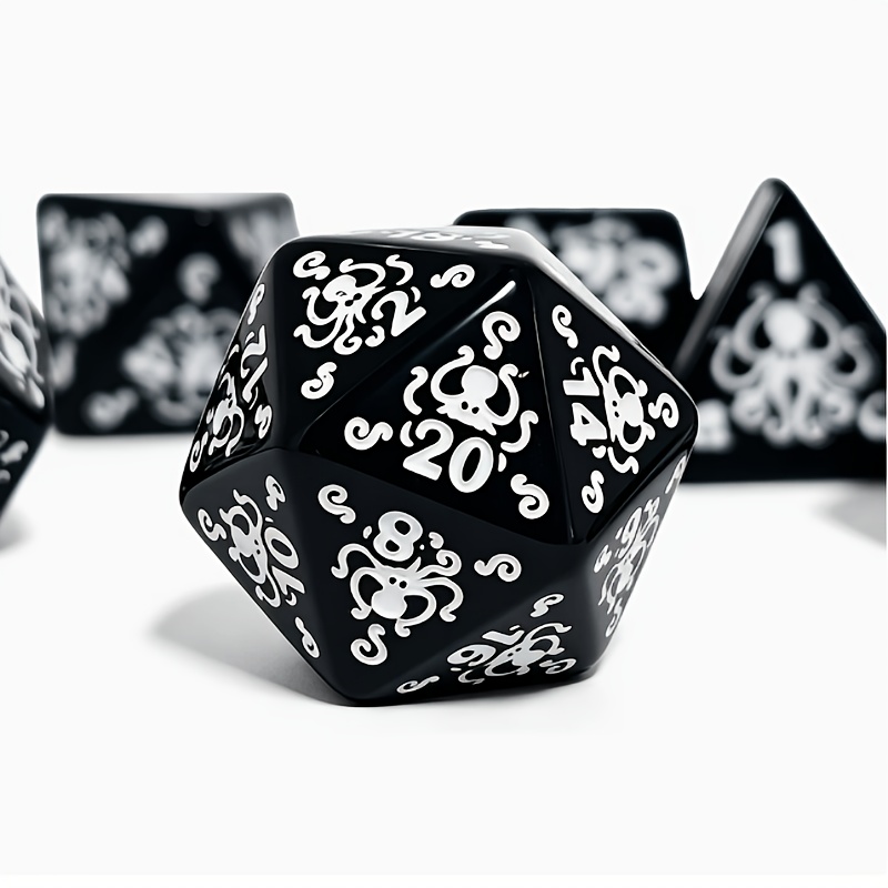 Black Polyhedral Dice Set with Octopus Carved Pattern