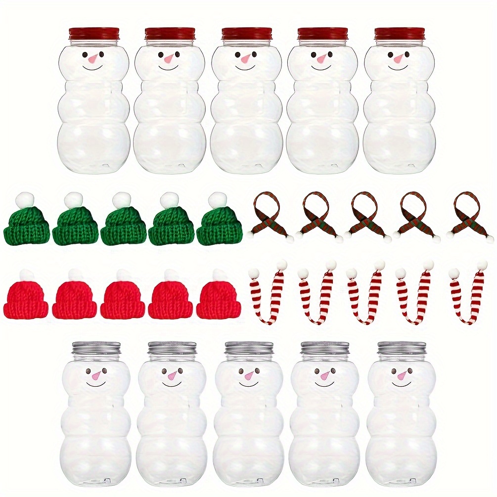 

10-pack Christmas Snowman Drink Bottles, 500ml Plastic Transparent Cups With Hat & Scarf, Festive Milk Juice Tea Bottles, Candy Biscuits Sealed Jars For Home Kitchen & Dining Table Decor