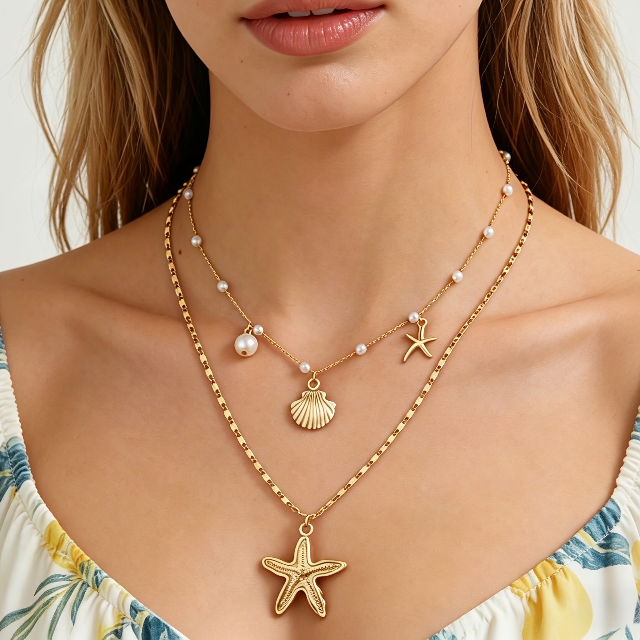 2pc Bohemian Vacation Style Necklace Set with Starfish & Shell Pendants
