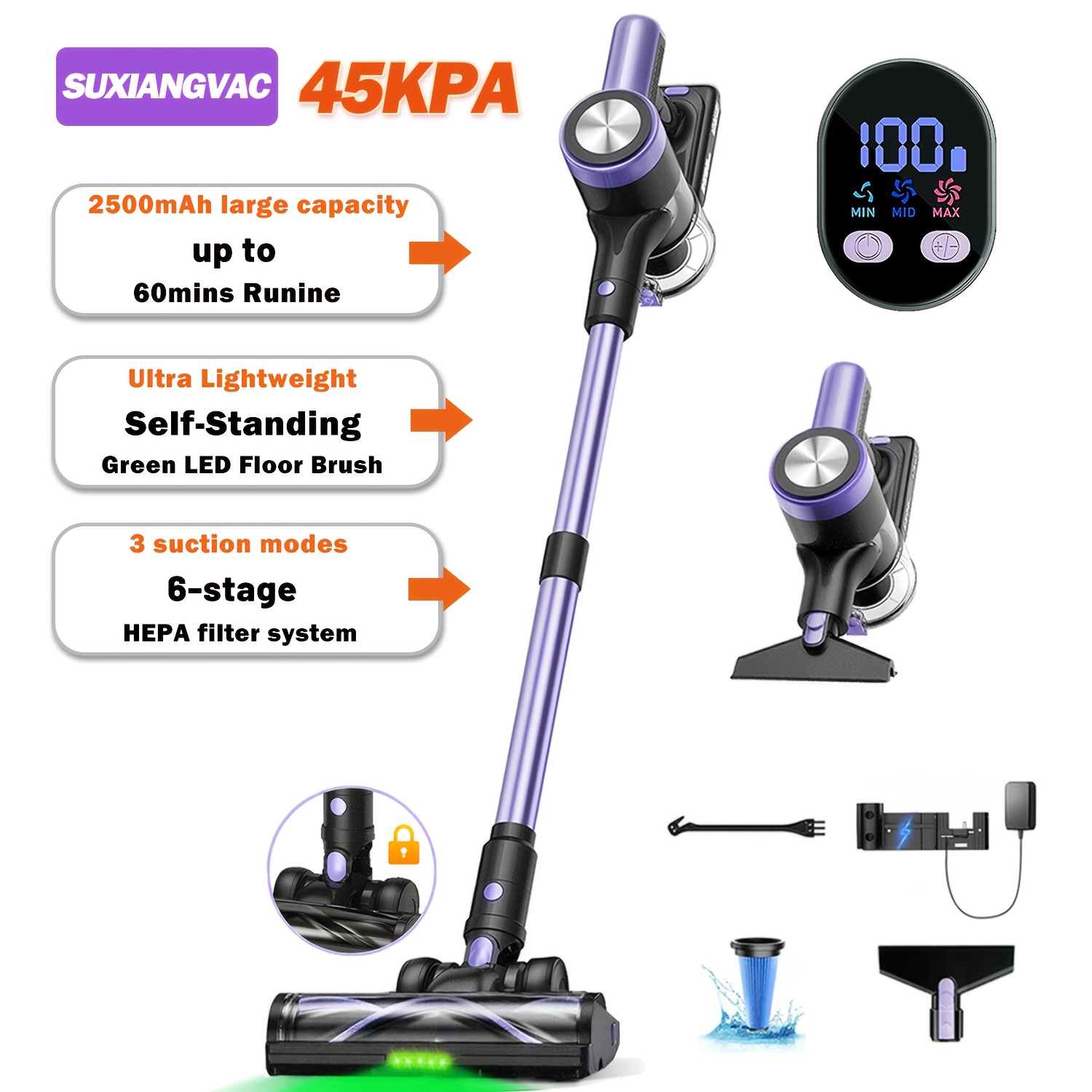 TEMU Cordless Vacuum Cleaner, Self-standing, 45000pa Lightweight Powerful Suction Vacuum, 60 , Led Screen Stick Vacuum Cleaners For Home, Pet Hair
