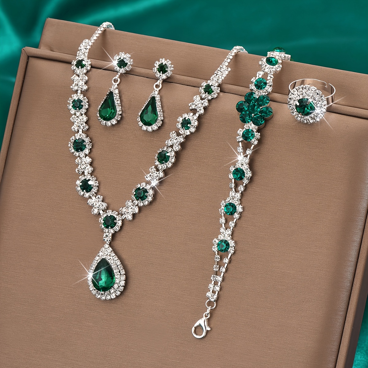 TEMU A Luxurious 4pcs Set Featuring A Gemstone Teardrop Necklace, Earrings, Bracelet, And Ring, Women's Jewelry, Suitable For Wedding Accessories, Parties, And Valentine's Day Gifts.