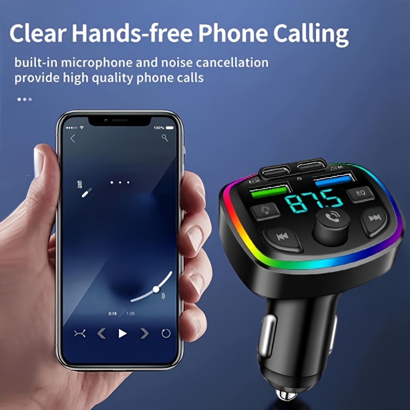 Draadloze Autolader voor Alle Smartphones met FM-Zender, USB/Type-C Snelladen, Handsfree Bellen, Aansteker Voeding, ABS Aansteker Insteek (Geen Batterij) - Smartphone Compatibiliteit, Dubbele USB & Type-C Poorten