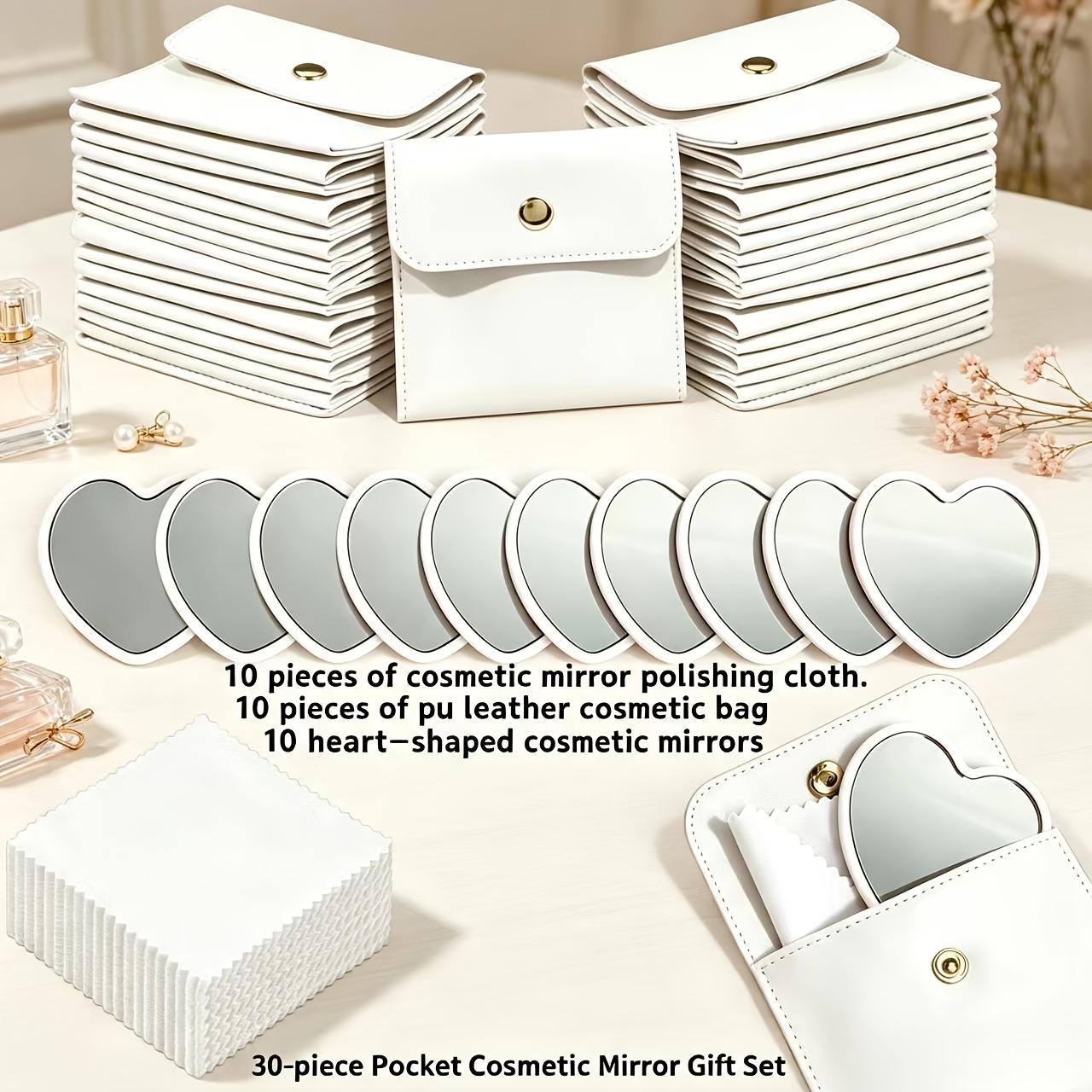 TEMU 30pcs Pouch Makeup Mirror Gift Set, Including 10pcs White Pu Material Mini Makeup Bags And 10pcs Heart-shaped Pocket Mirrors And 10pcs Polishing