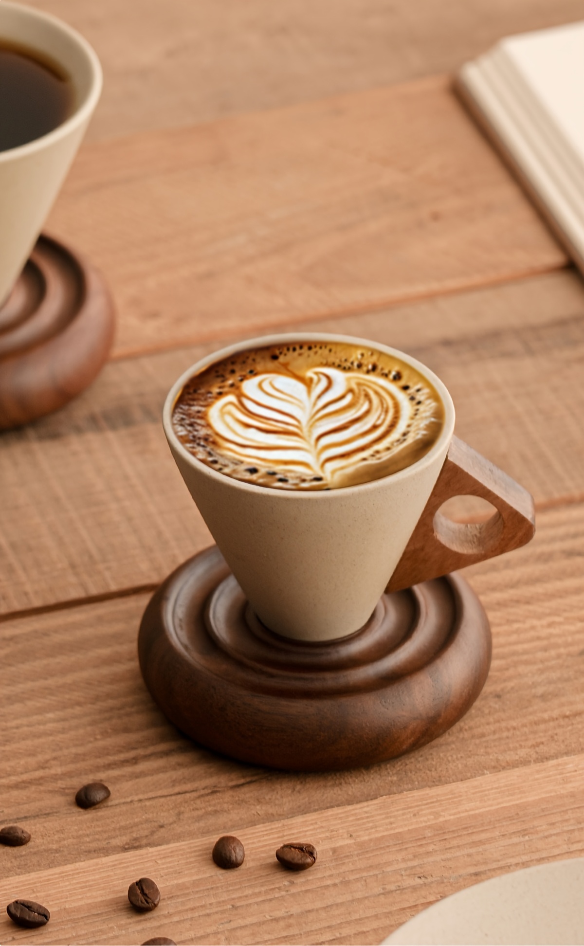 1 Thick Ceramic Handmade Coffee Cup with Wide Spout, Funnel Shape and Genuine Wooden Handle & Coaster Set for High-End Home Office Café Use - Ideal as a Present