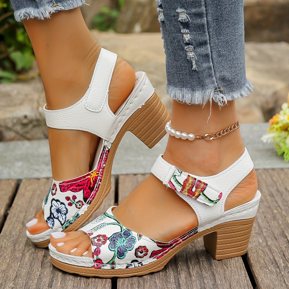 

Women's Fashion Floral Print High-heel Sandals, Casual Style, Versatile Summer Shoes With Chunky Heel