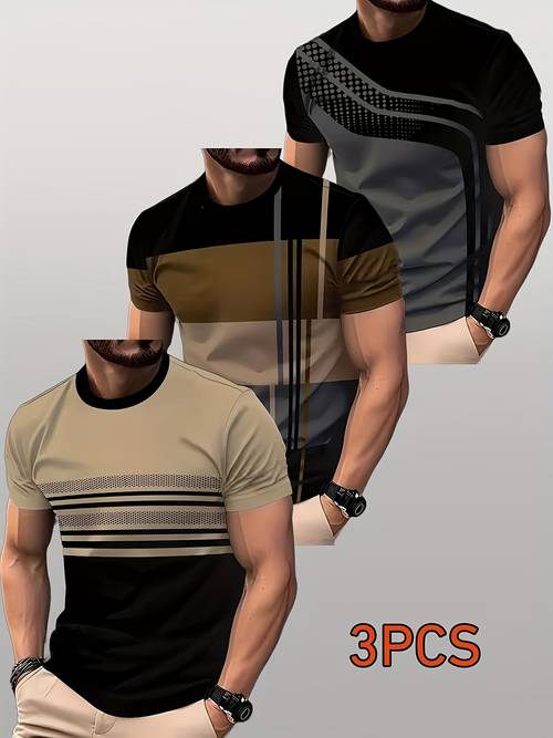 item picture 3pcs mens breathable summer t shirts digital pattern contrast stripes regular fit with stretch for fitness casual outdoor wear cute top fashionable sportswear machine washable suitable for multiple occasions