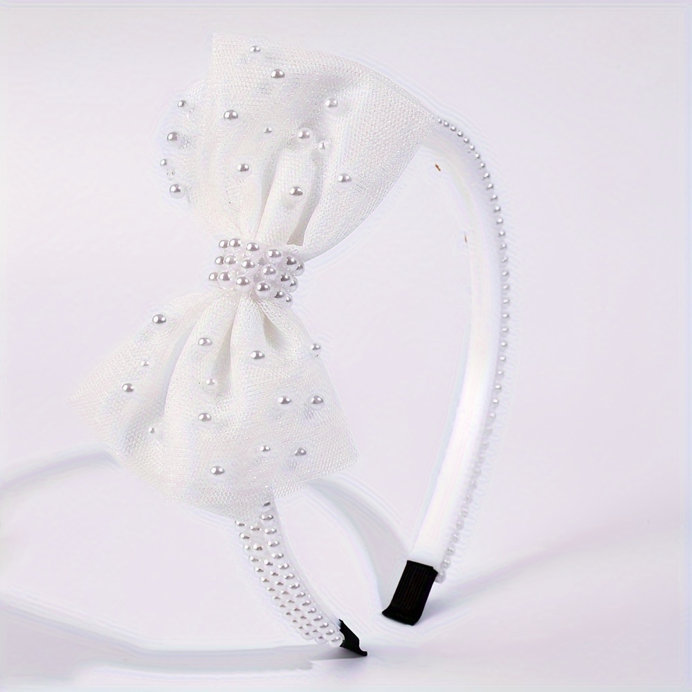 Image of 1pc Elegant Pearl Bow Hairband For Mesh Bow Headband Perfect For Weddings & Special Occasions Versatile Hair Additions For Gifts