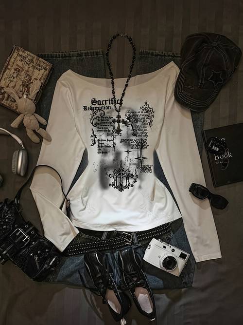 y2k based long sleeve t shirt medium stretch blouse with spring summer fall wearable machine washable church outfit non