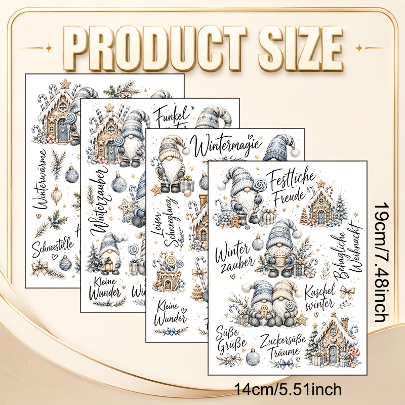 TEMU 4pcs Winter Gnome Uv Transfer Suitable For Ceramic Mugs, Glass Jars & Phone Cases - German Handwritten With Watercolor Gnomes, Frosted