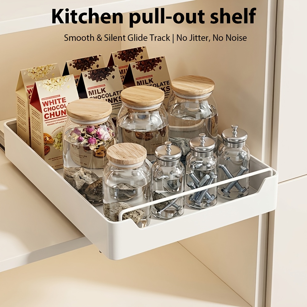 TEMU 1pc Pull-out Cabinet Storage Rack, Sliding Drawer Storage Box, Large Capacity Pull-out Storage Rack, Without Drilling, Saving Storage Space,