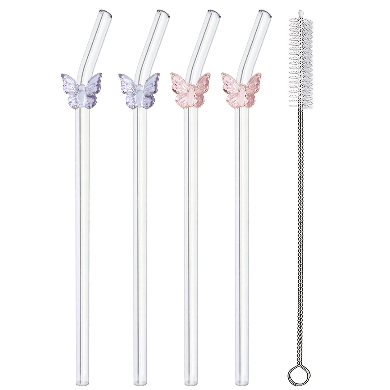 TEMU 2/4pcs Cartoon Pink/purple Bend Reusable Glass Straw,with A Cleaning Brush,for Smoothie, Milk,tea,juice,snack Bar,,roostertails,milkshake