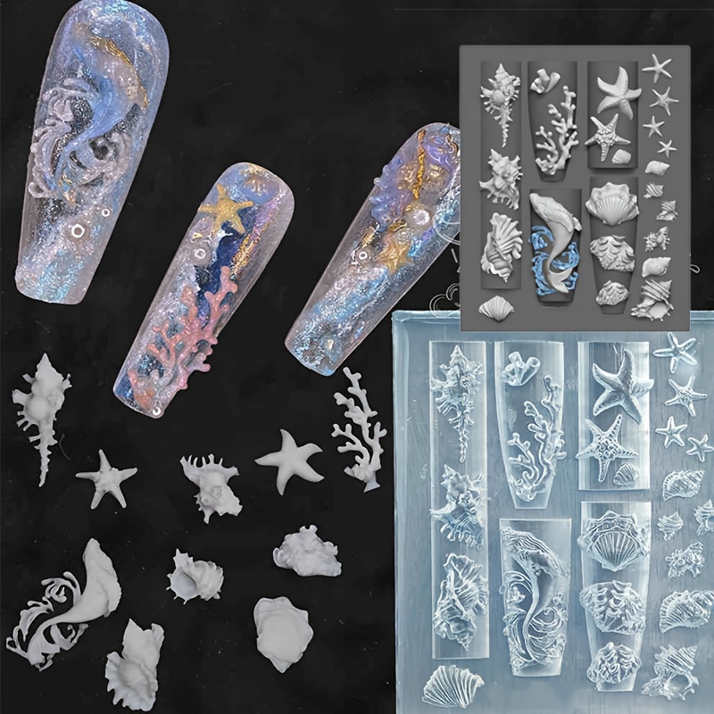 

1 Set Ocean Theme Silicone Nail Art Molds, 3d Miniature Casting Molds For Diy Manicure, Jellyfish Shell Carving, Square Shape, Crafting Accessories