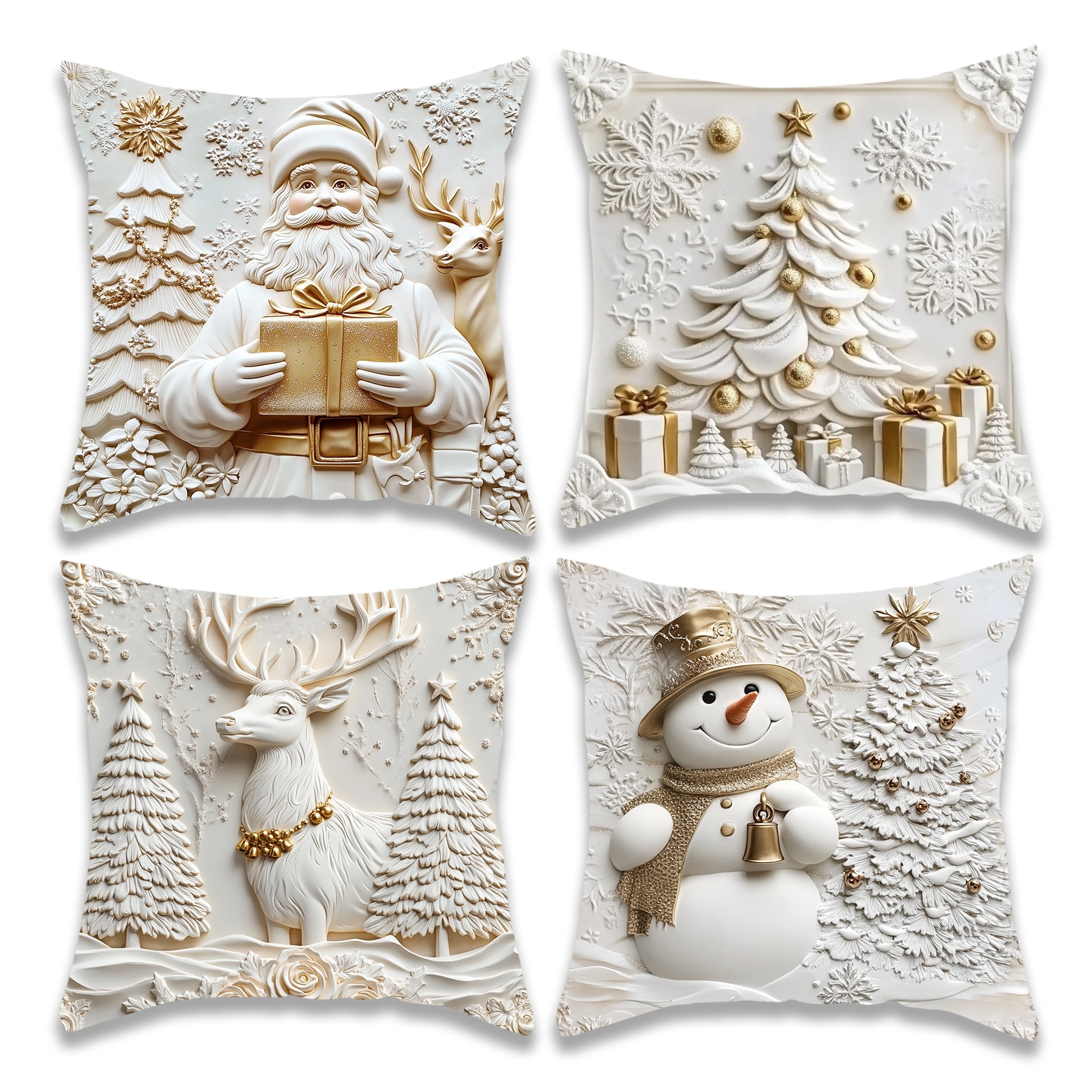 

4pcs Christmas , 3d Embossed Decorative Snowman, Christmas Tree & Accents, 18x18 Zippered Cushion For Sofa Bed Decor, - Not Included