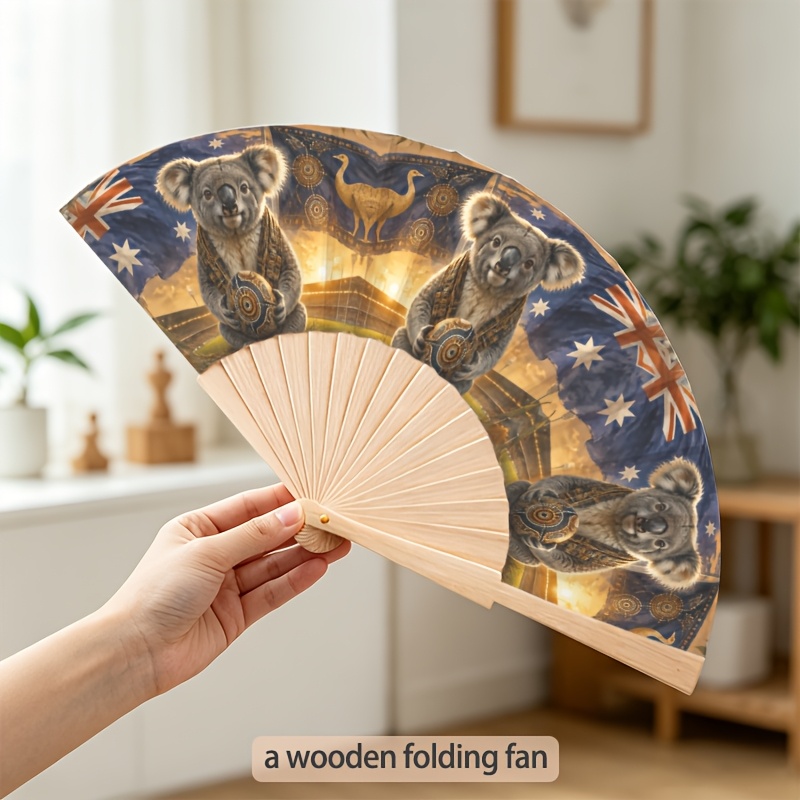 TEMU [23cm Wooden Folding Fan] 1pc Australian-style Koala Print Lightweight Wooden Folding Fan, Essential Outdoor Item, Must-have For Outdoor Cooling