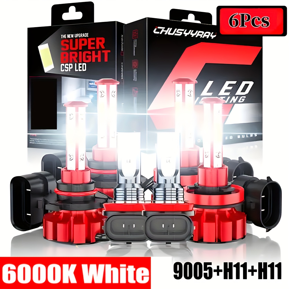 

3-sets 4-side 9005 H11 Cob Chip Led Headlight High/ Low Beam+fog Bulbs Combo 6000k 38000lm, Pack Of 6, Without Battery