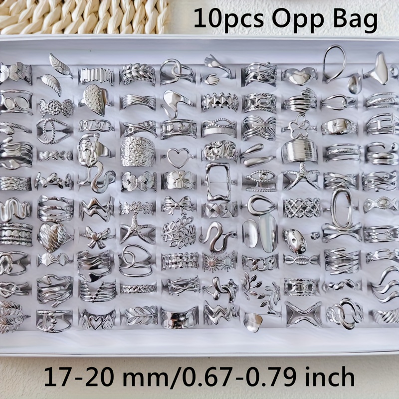 TEMU Wholesale 10pcs/pack Women's Fashion Stacked Ring Retro Bohemian Men's And Women's Ring Silvery Color Size 17 Mm-20mm Stainless Steel Multiple