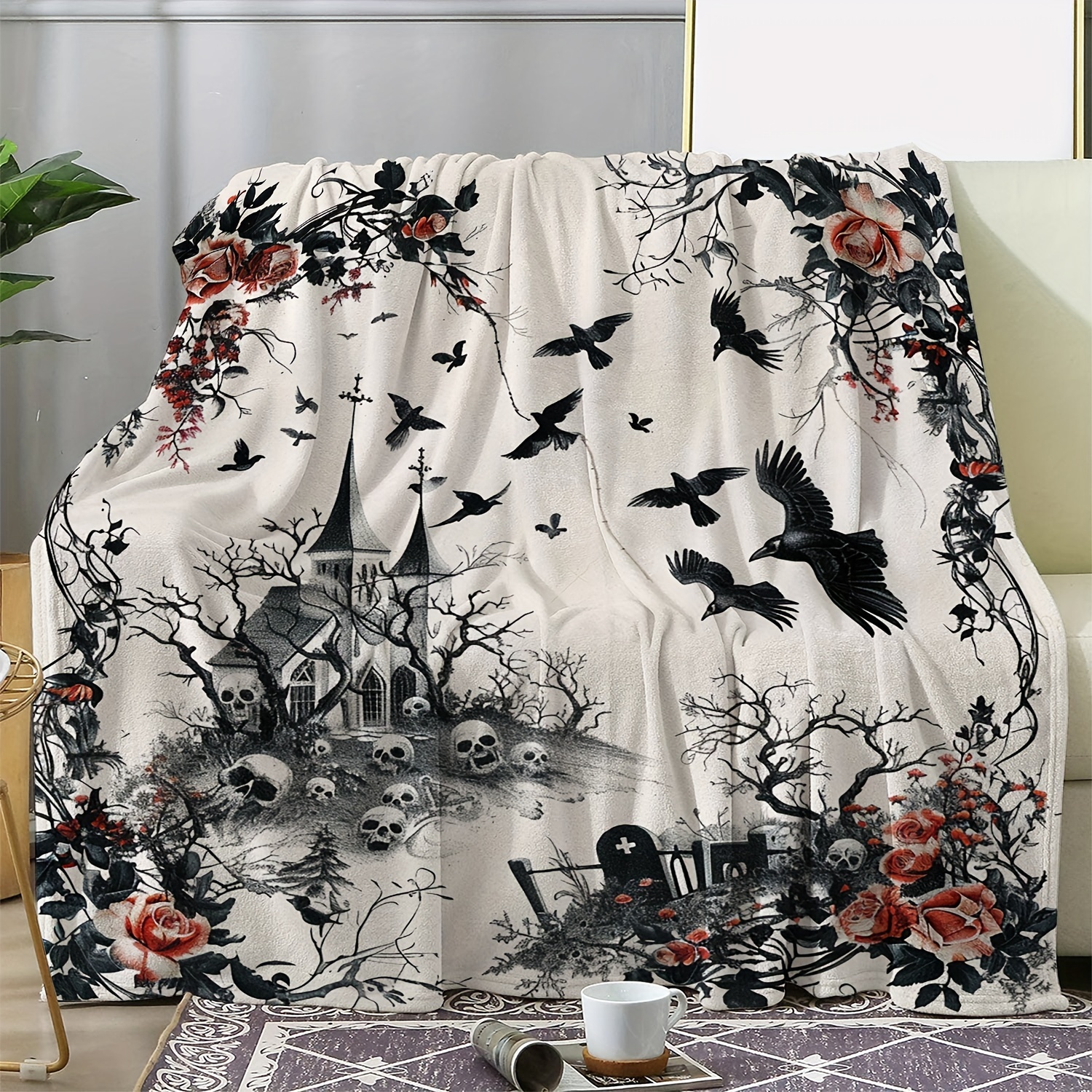 

Vintage Halloween Flannel Throw Blanket - Cozy & Soft With Castle, , Crow & Rose Design | Perfect For Couch, Bed, Car, Office, Camping | All-season Gift Idea