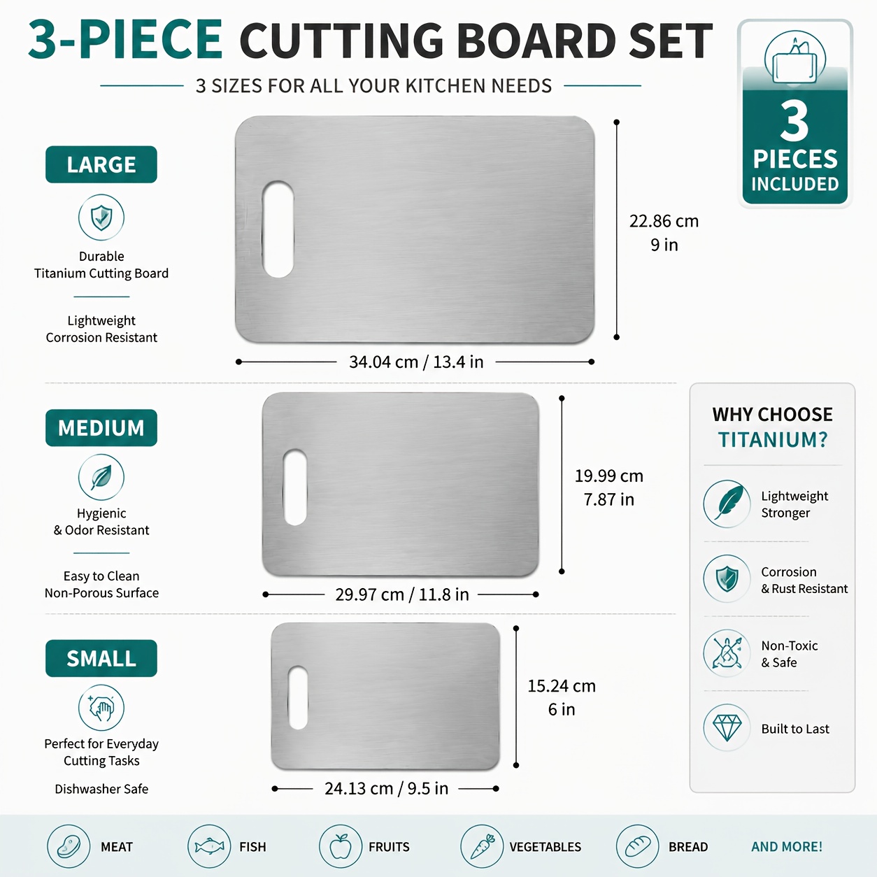 TEMU Set de 3 planches à découper en alliage de titane, planches à découper de qualité alimentaire en tailles petite, moyenne et grande, avec trou de