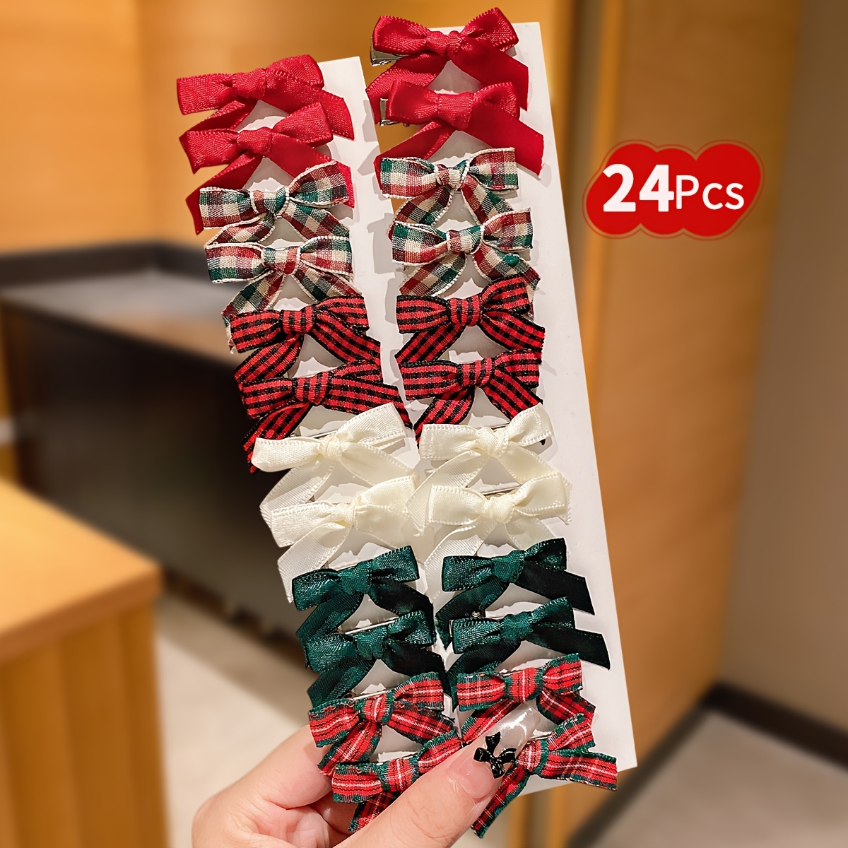 TEMU Lot de 24 pinces à cheveux nœud de Noël pour femme, pinces bec de canard en ruban à carreaux de couleurs de Noël, pinces festives pour frange