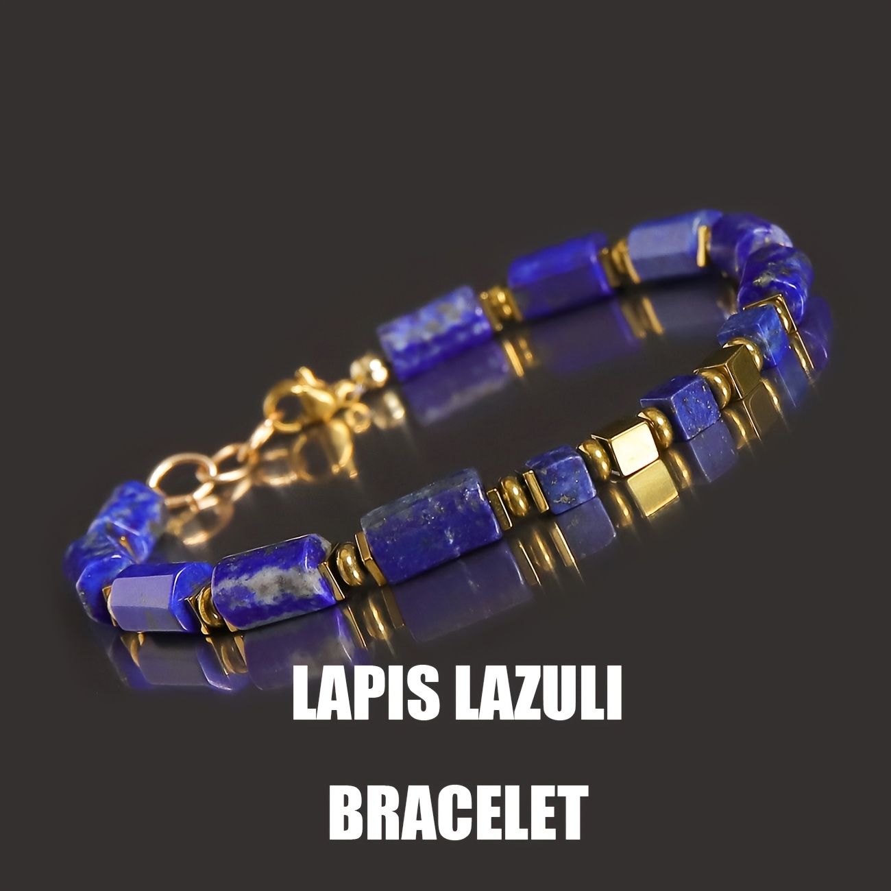 Men's Lapis Lazuli Hexagonal Cylindrical Bracelet with Golden Squares